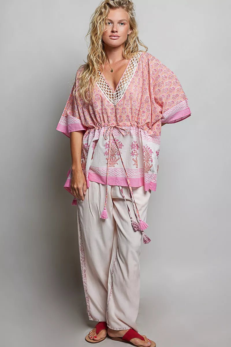 POL Block Print Floral Tie Front Boho Blouse - Desert Sunday