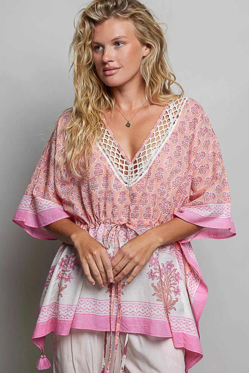 POL Block Print Floral Tie Front Boho Blouse - Desert Sunday