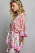 POL Block Print Floral Tie Front Boho Blouse - Desert Sunday