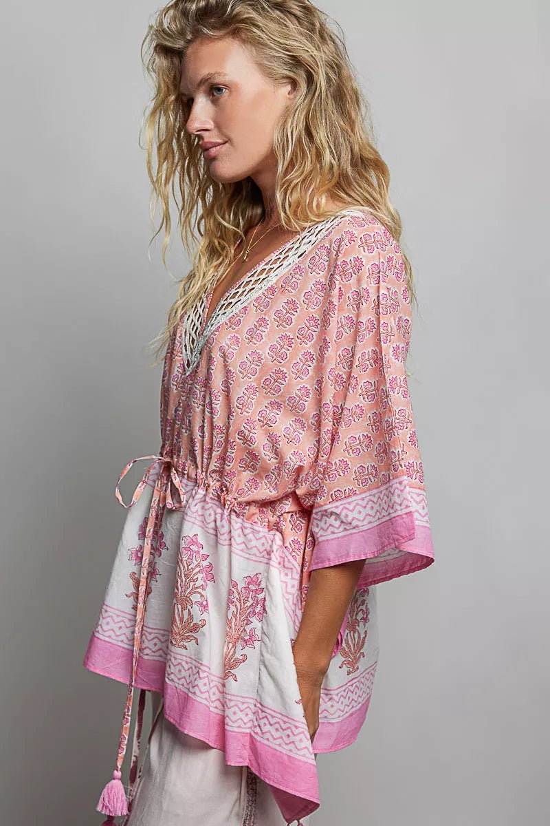 POL Block Print Floral Tie Front Boho Blouse - Desert Sunday