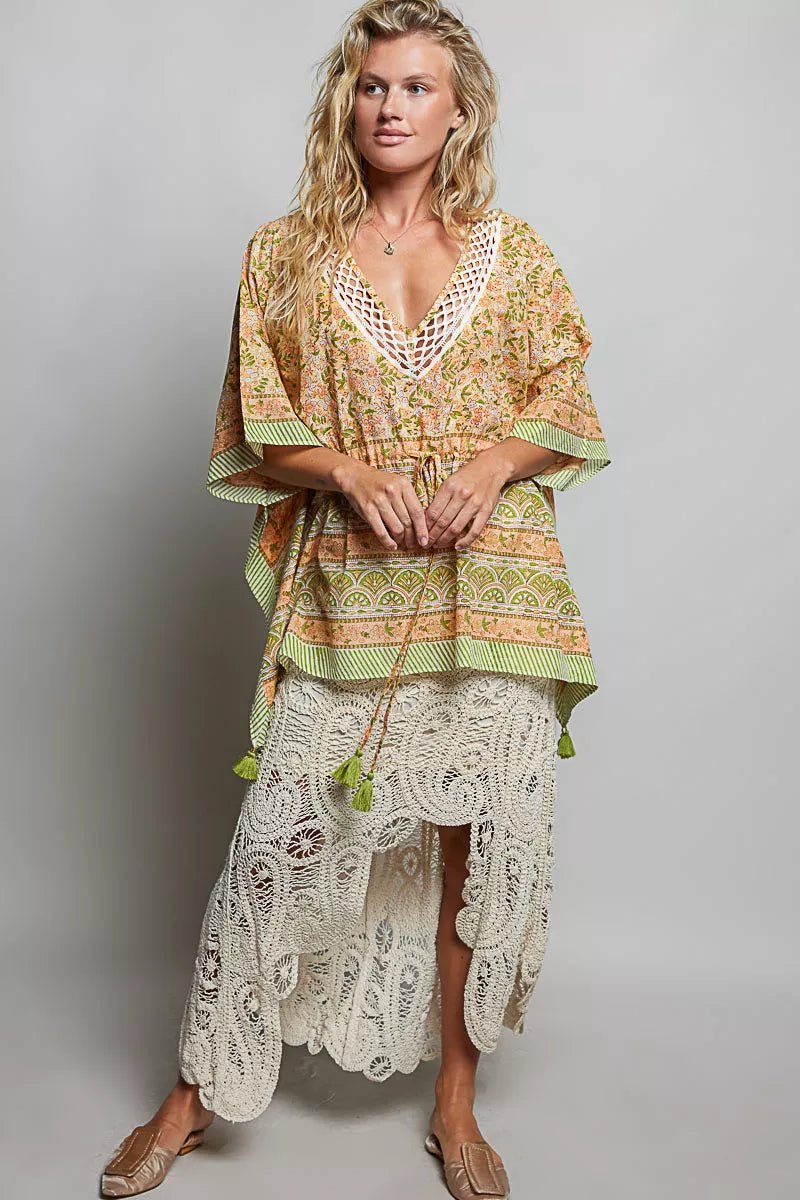 POL Block Print Floral Tie Front Boho Blouse - Desert Sunday