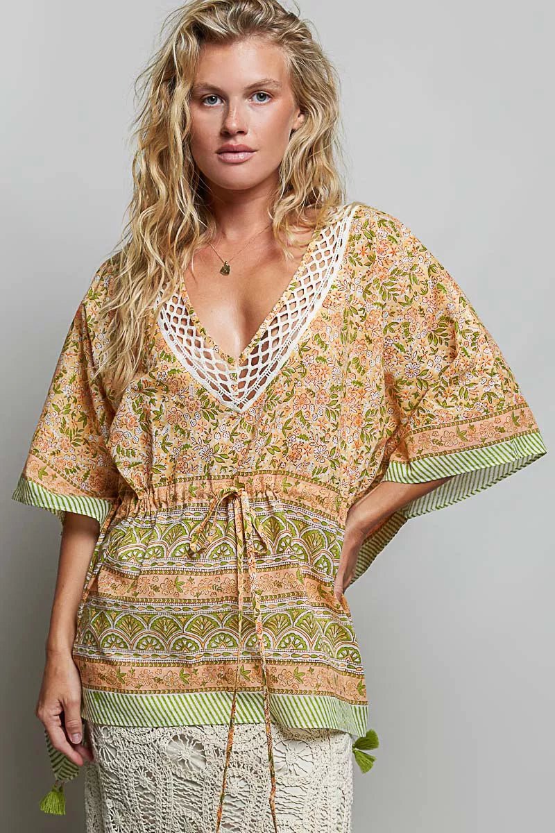 POL Block Print Floral Tie Front Boho Blouse - Desert Sunday