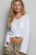 POL Contrast Hand-Stitch V-Neck Lightweight Knit Long Sleeve Top - Desert Sunday