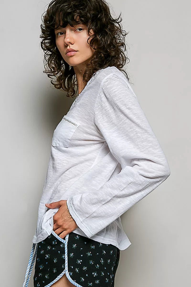 POL Contrast Hand-Stitch V-Neck Lightweight Knit Long Sleeve Top - Desert Sunday