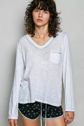 POL Contrast Hand-Stitch V-Neck Lightweight Knit Long Sleeve Top - Desert Sunday