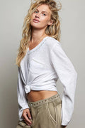 POL Contrast Hand-Stitch V-Neck Lightweight Knit Long Sleeve Top - Desert Sunday