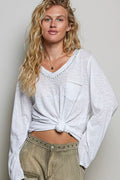 POL Contrast Hand-Stitch V-Neck Lightweight Knit Long Sleeve Top - Desert Sunday