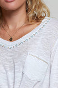 POL Contrast Hand-Stitch V-Neck Lightweight Knit Long Sleeve Top - Desert Sunday