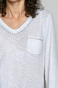 POL Contrast Hand-Stitch V-Neck Lightweight Knit Long Sleeve Top - Desert Sunday
