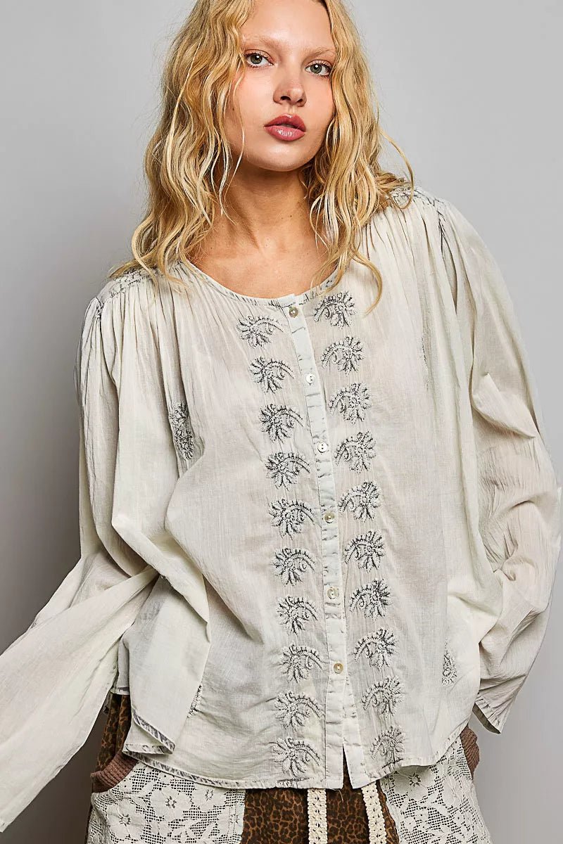 POL Embroidered Button Front Woven Shirt - Desert Sunday