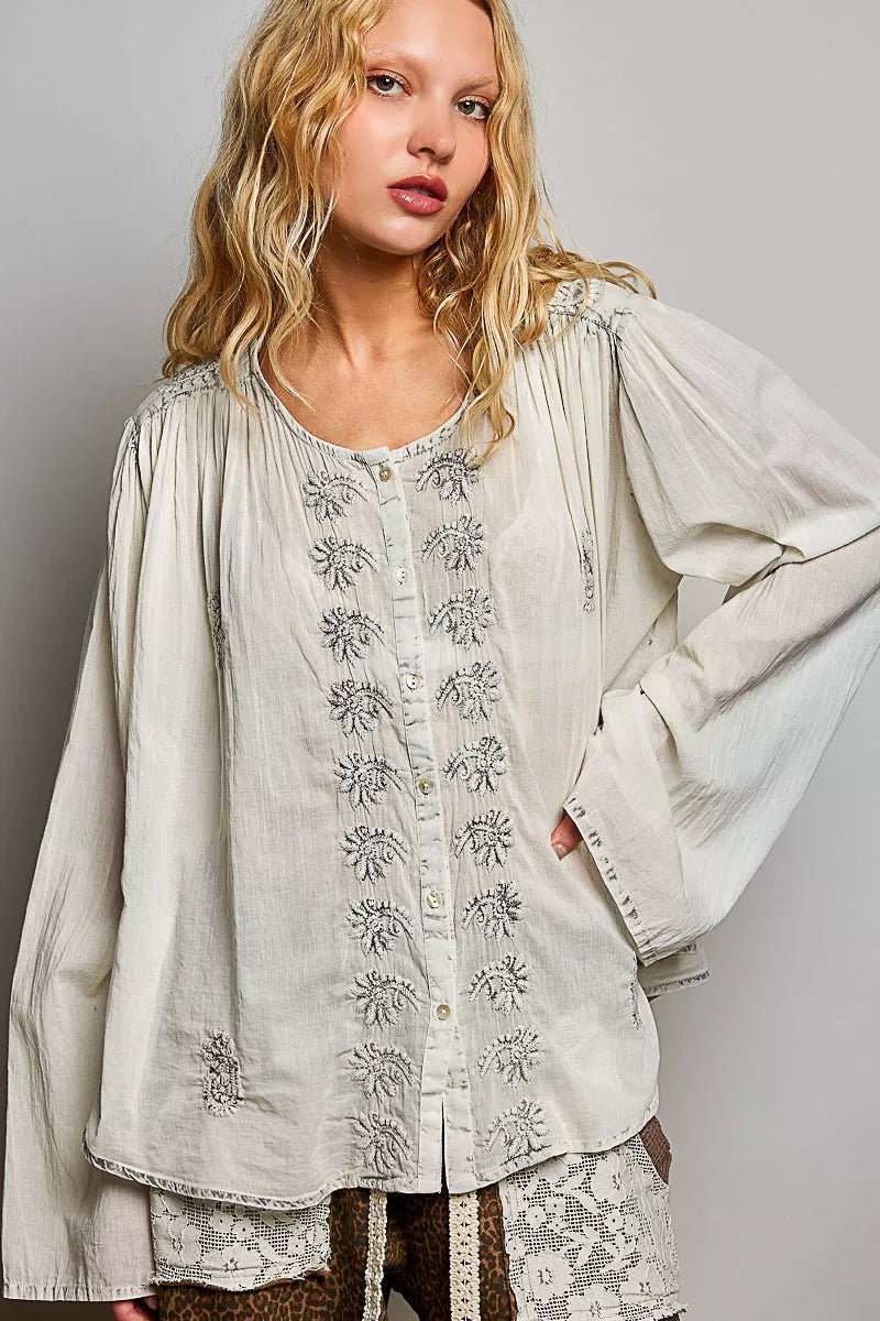POL Embroidered Button Front Woven Shirt - Desert Sunday