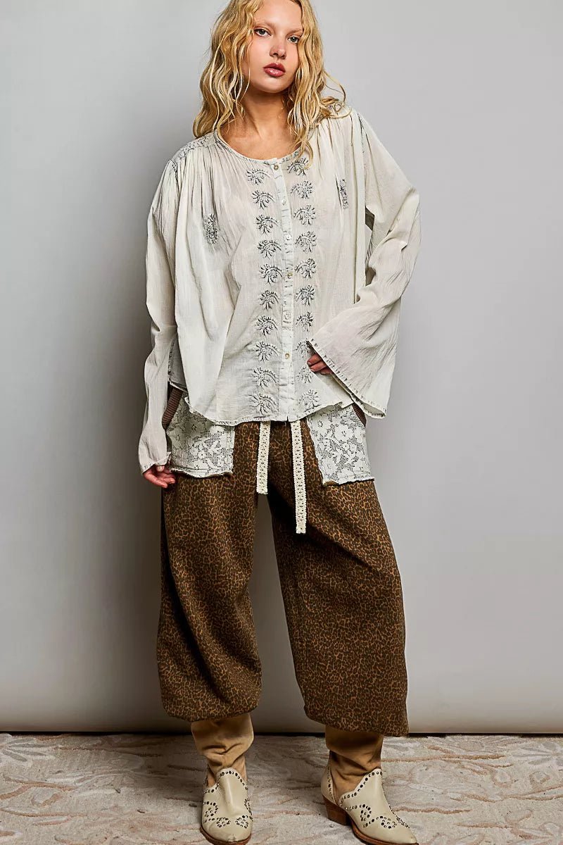 POL Embroidered Button Front Woven Shirt - Desert Sunday
