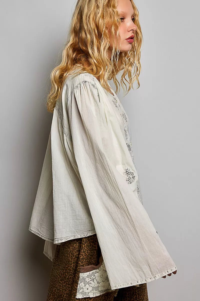 POL Embroidered Button Front Woven Shirt - Desert Sunday