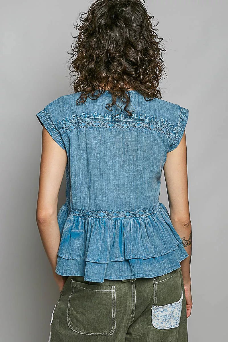 POL Eyelet Embroidery Pintuck Sleeveless Blouse - Desert Sunday