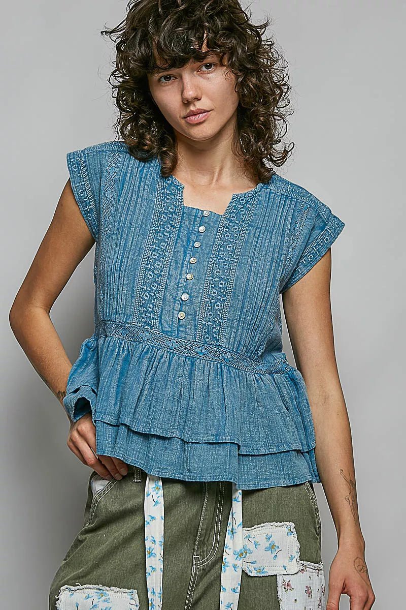 POL Eyelet Embroidery Pintuck Sleeveless Blouse - Desert Sunday