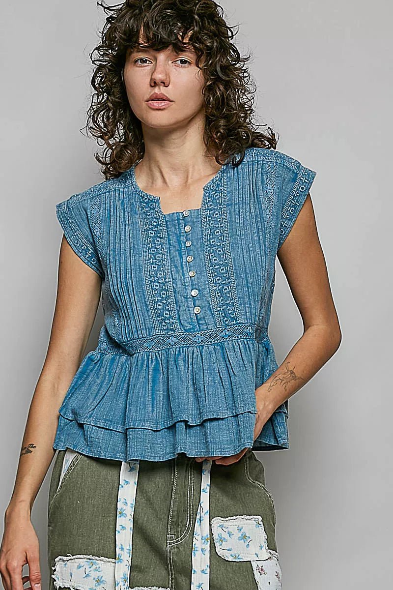 POL Eyelet Embroidery Pintuck Sleeveless Blouse - Desert Sunday