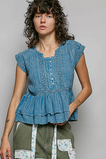 POL Eyelet Embroidery Pintuck Sleeveless Blouse - Desert Sunday
