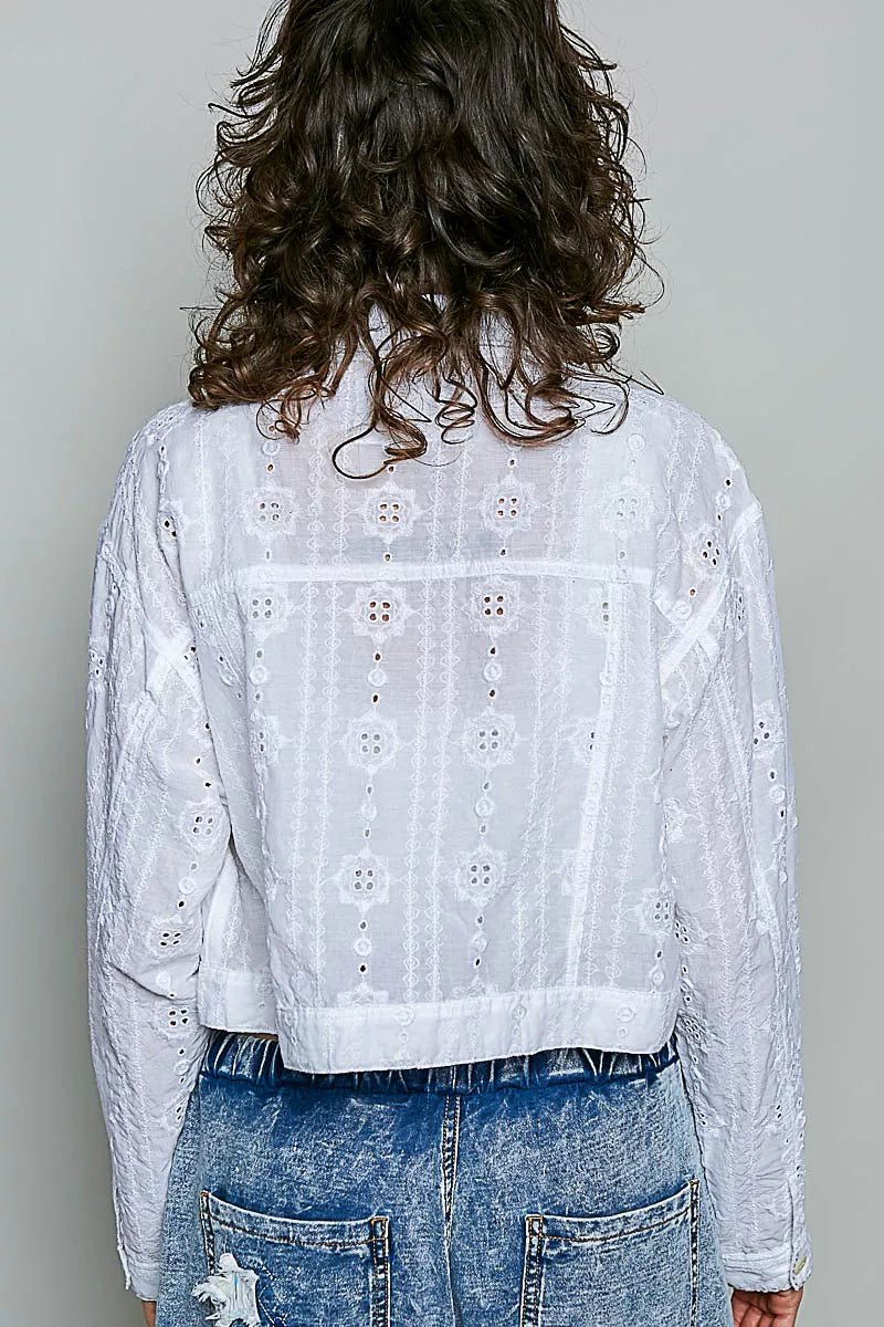 POL Eyelet Textured Cotton Cropped Button Front Jacket - Desert Sunday