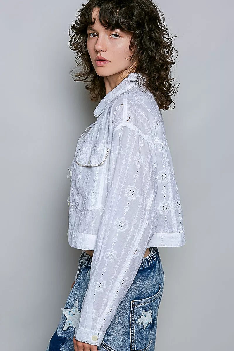 POL Eyelet Textured Cotton Cropped Button Front Jacket - Desert Sunday