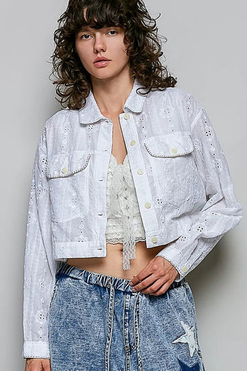 POL Eyelet Textured Cotton Cropped Button Front Jacket - Desert Sunday