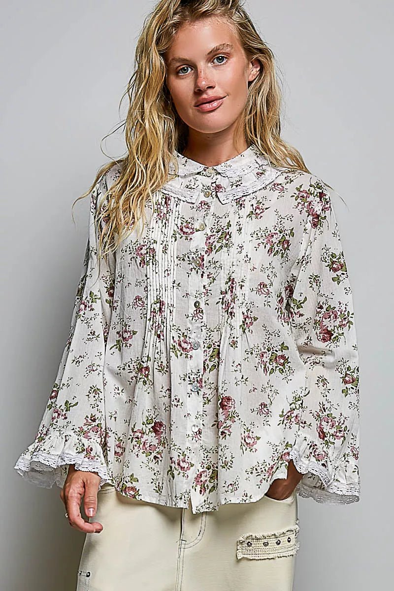 POL Floral Lace Trim Pintuck Button-Down Shirt - Desert Sunday