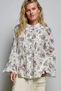 POL Floral Lace Trim Pintuck Button-Down Shirt - Desert Sunday