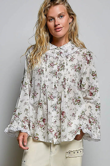 POL Floral Lace Trim Pintuck Button-Down Shirt - Desert Sunday