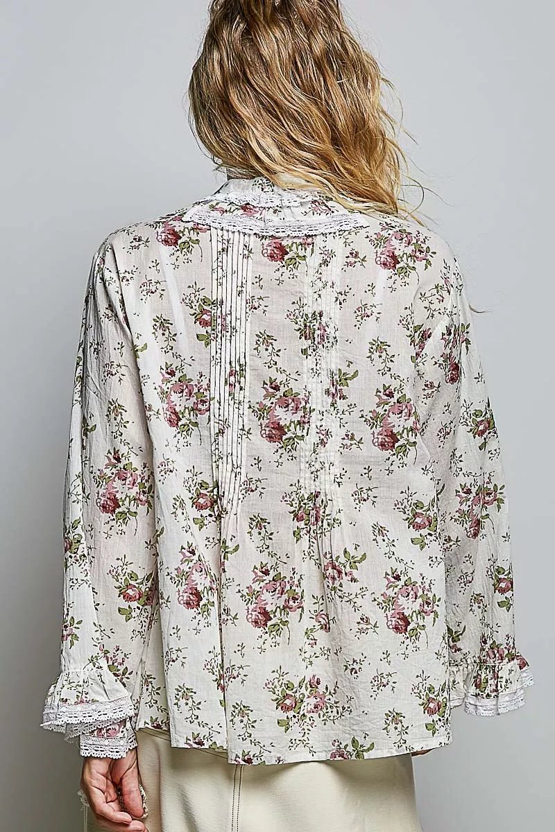 POL Floral Lace Trim Pintuck Button-Down Shirt - Desert Sunday