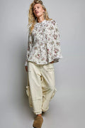 POL Floral Lace Trim Pintuck Button-Down Shirt - Desert Sunday
