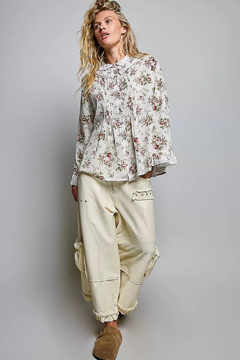 POL Floral Lace Trim Pintuck Button-Down Shirt - Desert Sunday