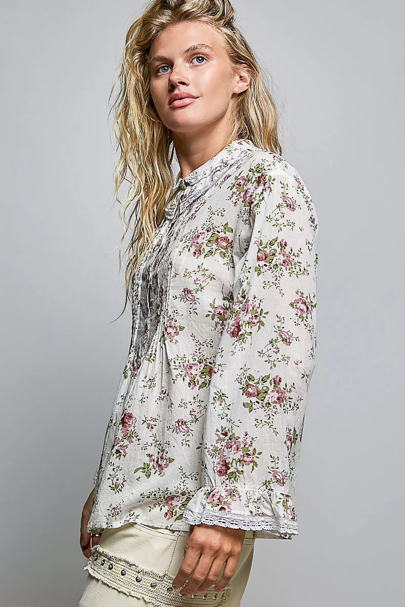 POL Floral Lace Trim Pintuck Button-Down Shirt - Desert Sunday