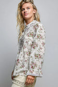 POL Floral Lace Trim Pintuck Button-Down Shirt - Desert Sunday