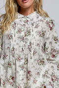 POL Floral Lace Trim Pintuck Button-Down Shirt - Desert Sunday