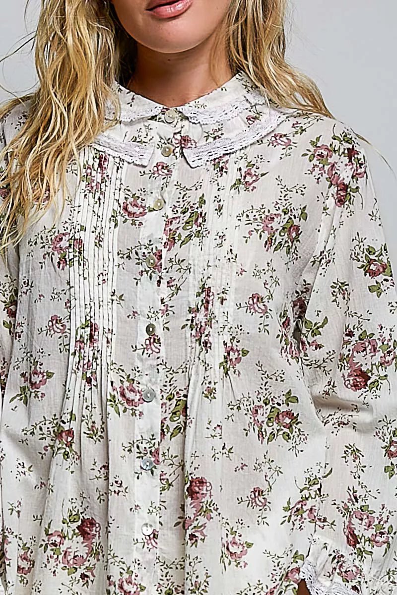 POL Floral Lace Trim Pintuck Button-Down Shirt - Desert Sunday