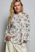 POL Floral Lace Trim Pintuck Button-Down Shirt - Desert Sunday