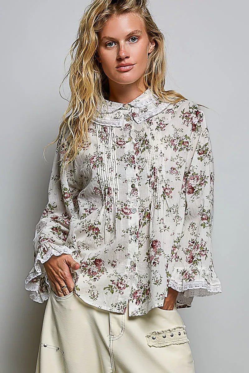 POL Floral Lace Trim Pintuck Button-Down Shirt - Desert Sunday