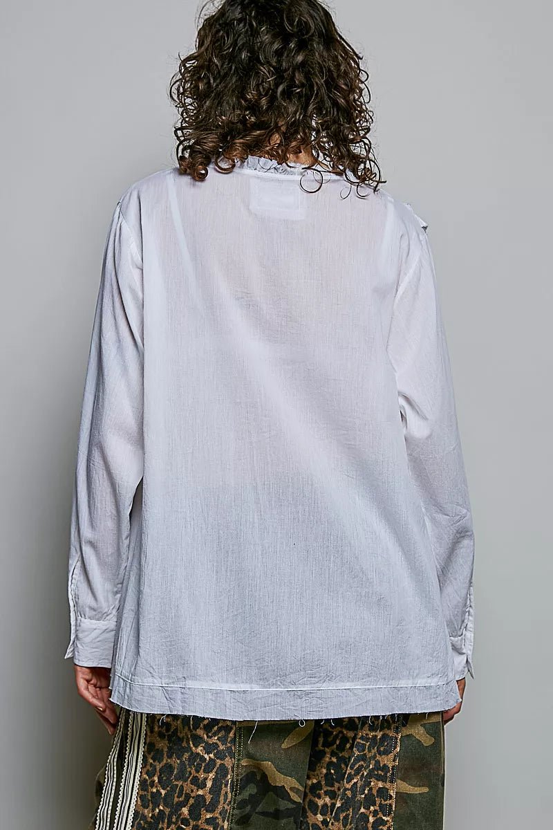 POL Lightweight Ruffle Trim Round Neck Woven Shirt - Desert Sunday