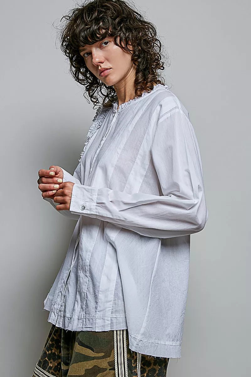 POL Lightweight Ruffle Trim Round Neck Woven Shirt - Desert Sunday