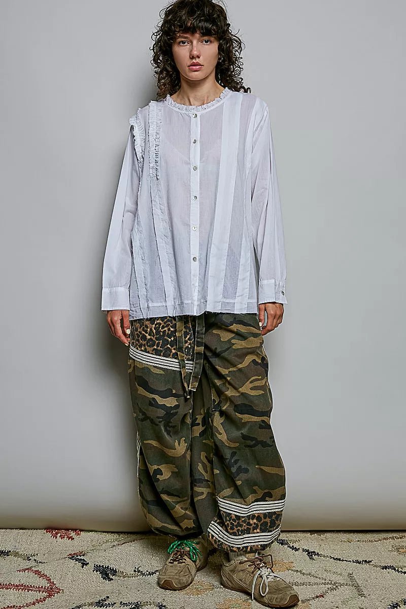 POL Lightweight Ruffle Trim Round Neck Woven Shirt - Desert Sunday