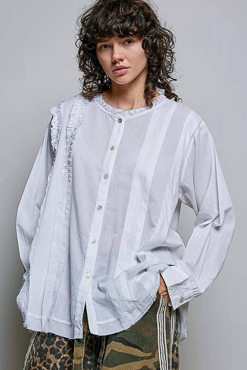 POL Lightweight Ruffle Trim Round Neck Woven Shirt - Desert Sunday