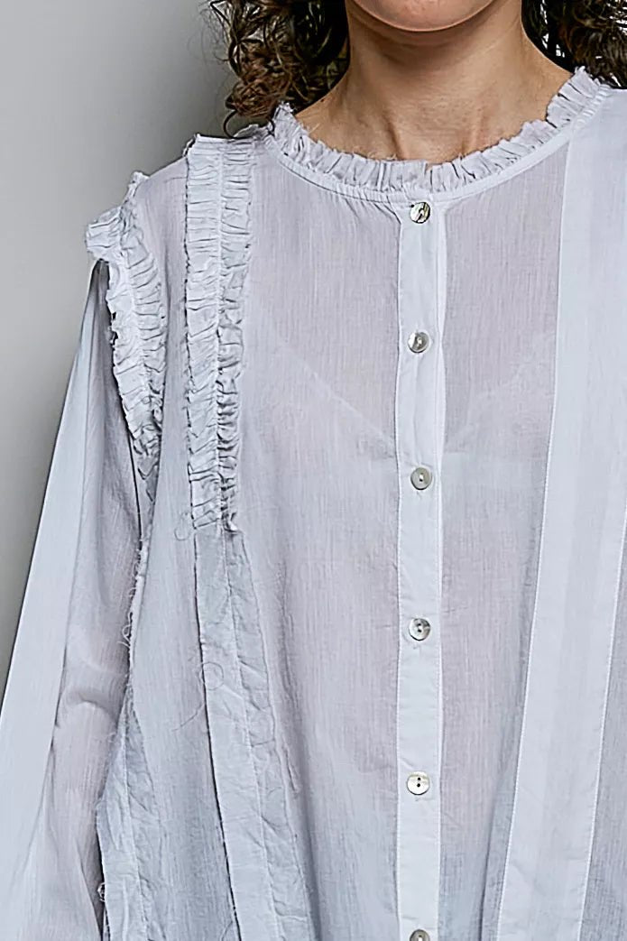 POL Lightweight Ruffle Trim Round Neck Woven Shirt - Desert Sunday