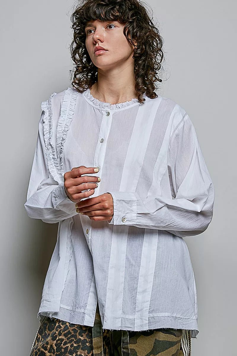 POL Lightweight Ruffle Trim Round Neck Woven Shirt - Desert Sunday