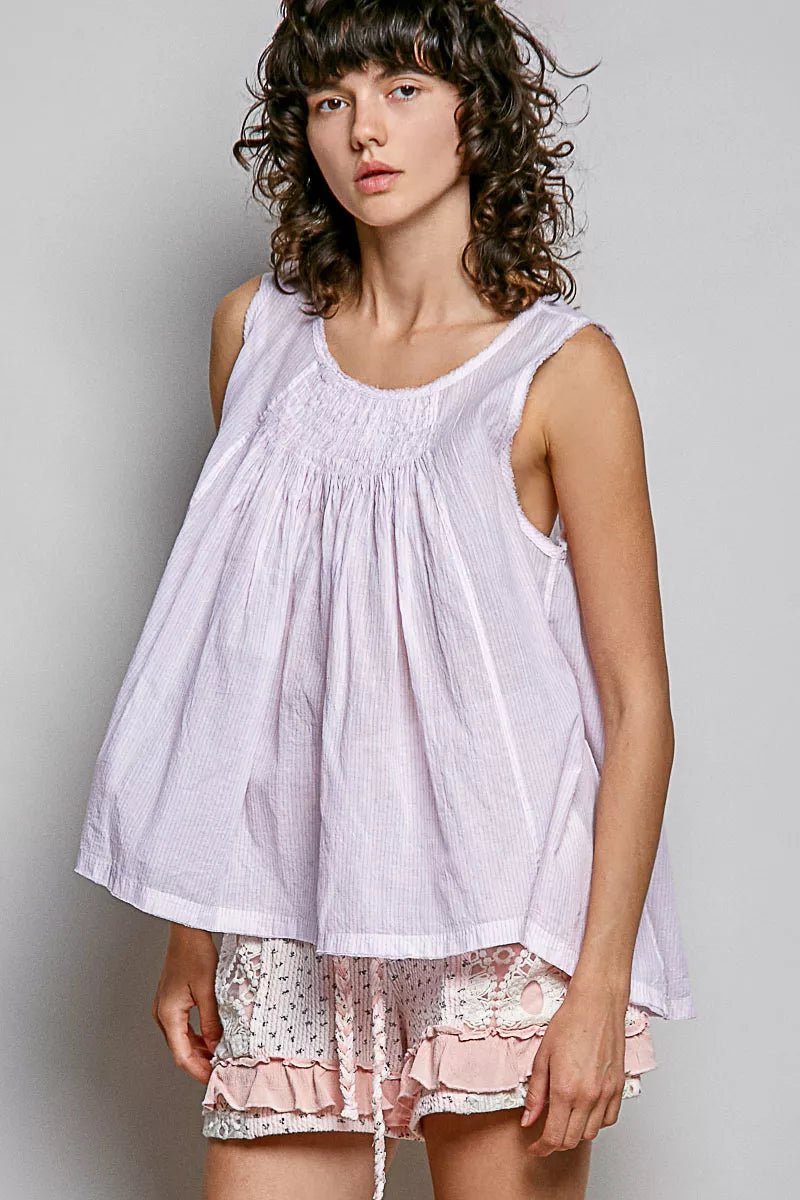 POL POL Round Neck Sleeveless Striped Pleated Cotton Top - Desert Sunday