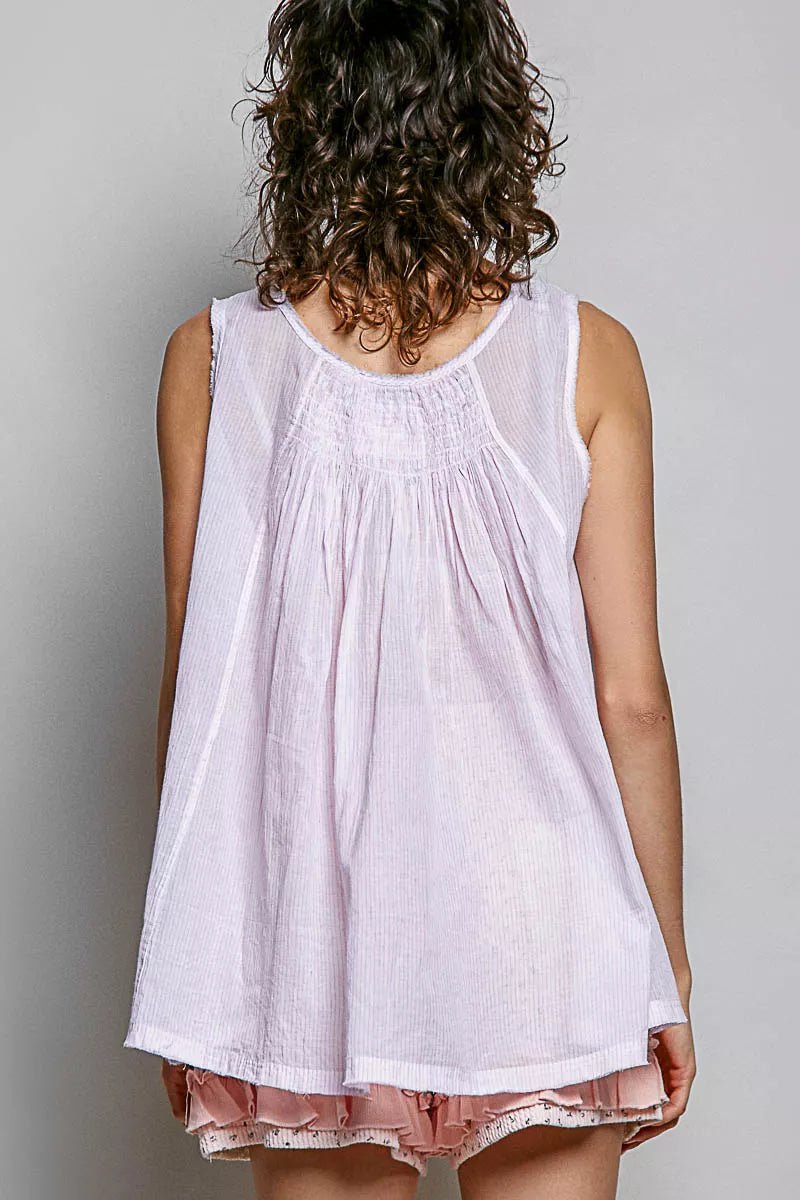 POL POL Round Neck Sleeveless Striped Pleated Cotton Top - Desert Sunday