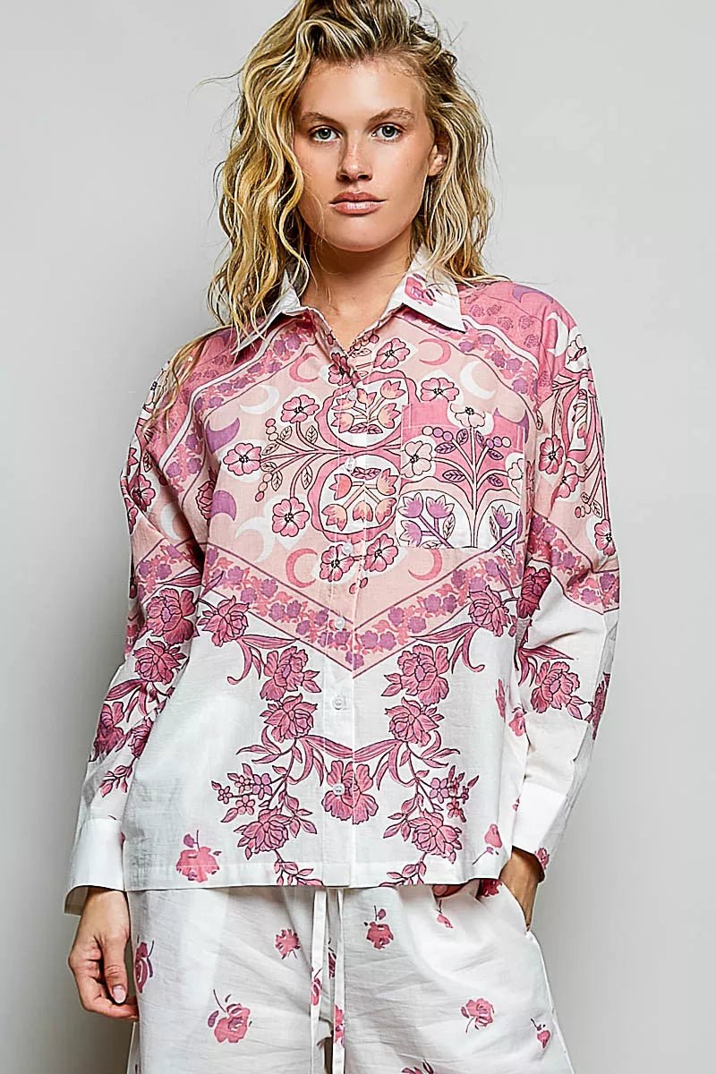 POL Printed Floral Button Down Shirt - Desert Sunday