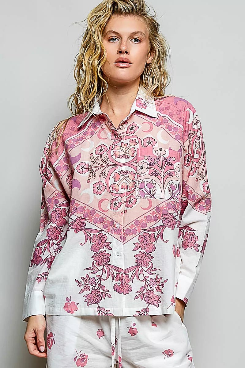 POL Printed Floral Button Down Shirt - Desert Sunday
