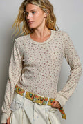 POL Ribbed Knit Floral Crew Neck Long Sleeve Top - Desert Sunday