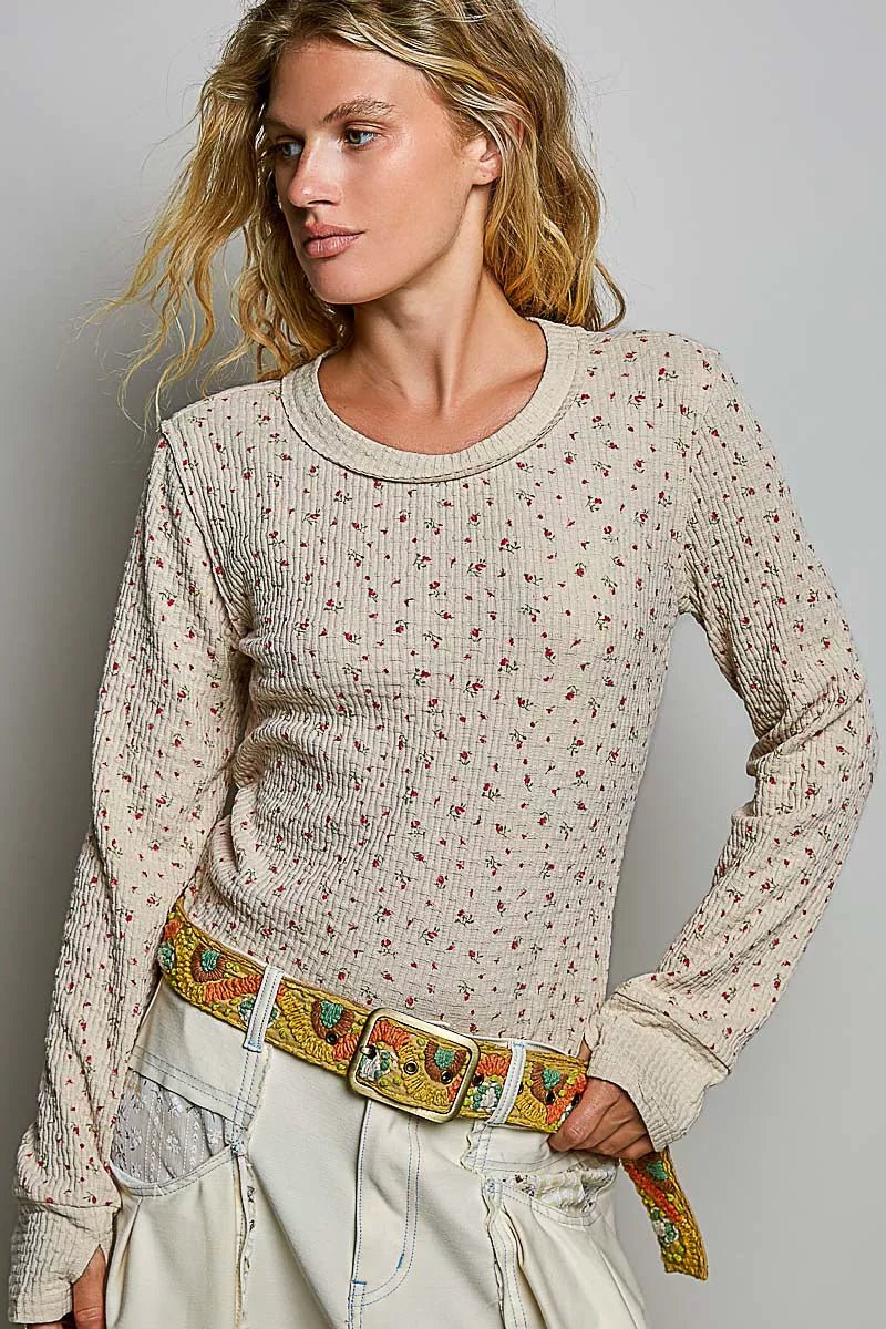 POL Ribbed Knit Floral Crew Neck Long Sleeve Top - Desert Sunday