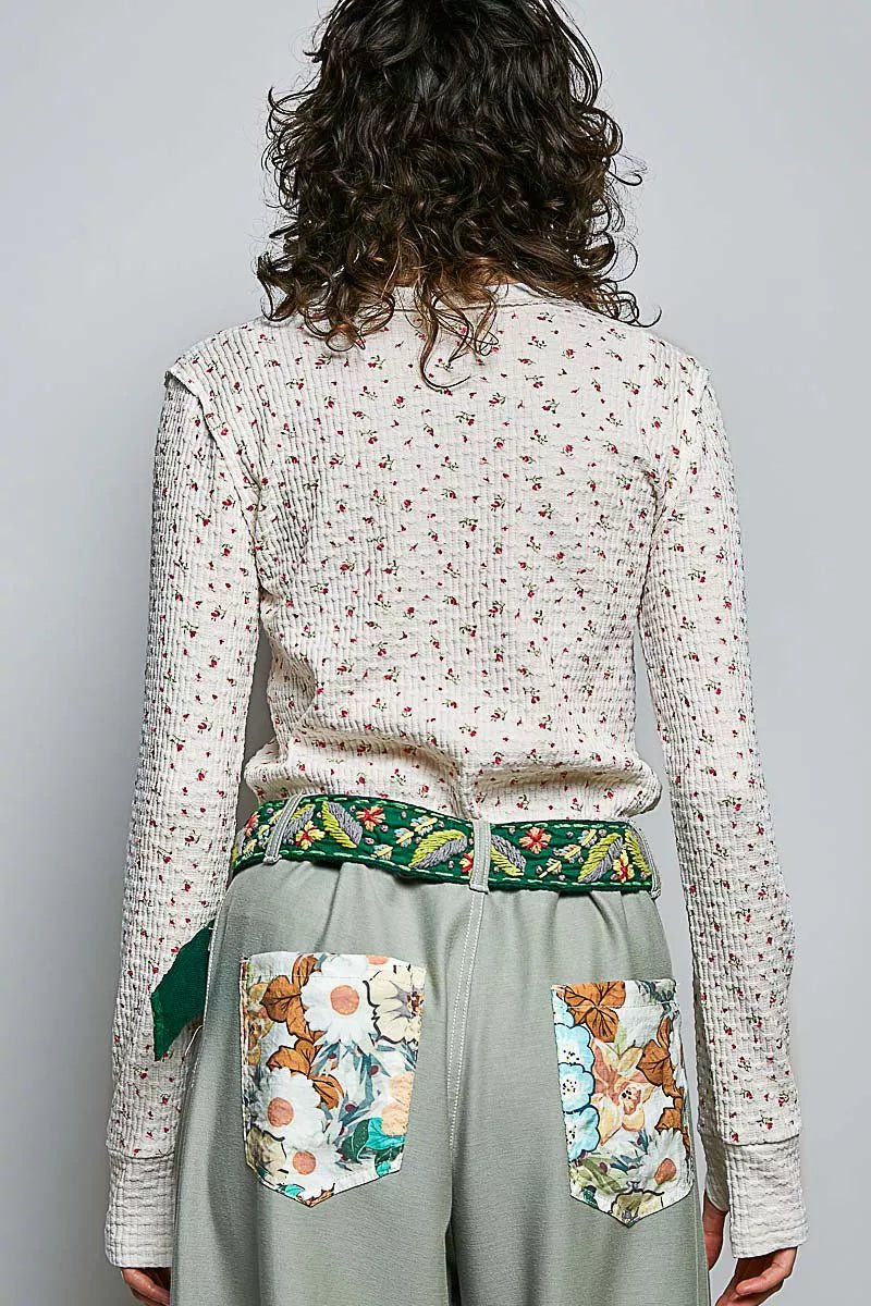 POL Ribbed Knit Floral Crew Neck Long Sleeve Top - Desert Sunday