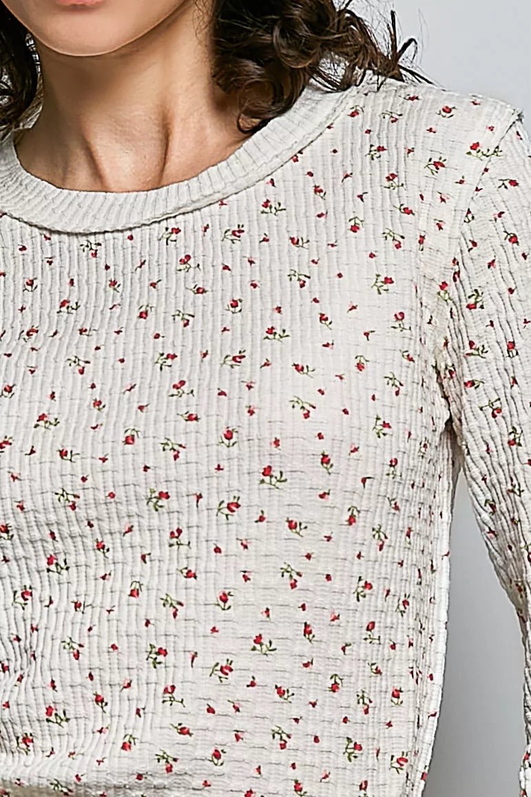 POL Ribbed Knit Floral Crew Neck Long Sleeve Top - Desert Sunday